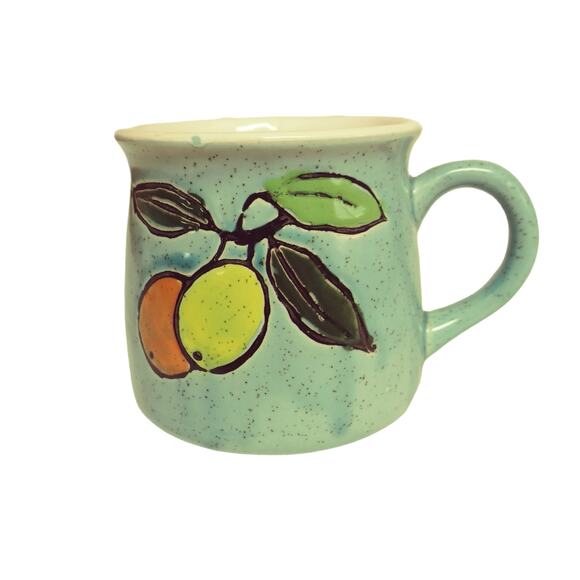 🍊 🍋Vintage Fruit Mug ☕ Hand Painted Ceramic Stoneware Rustic Cup🍐🍋🟩 - Picture 6 of 9